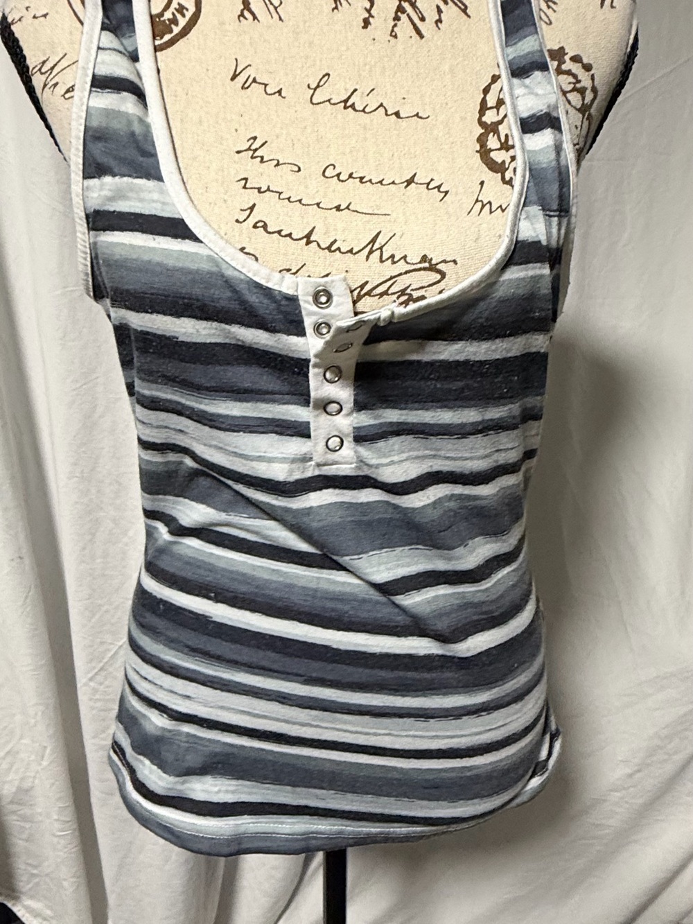 SHEIN Grey & White Striped Scoop Neck Tank with Button Placket